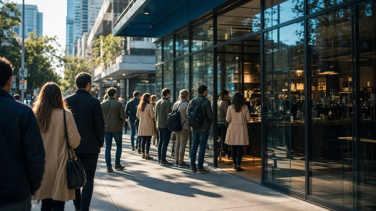 Customers queued outside a busy cafe on a sunny city sidewalk
