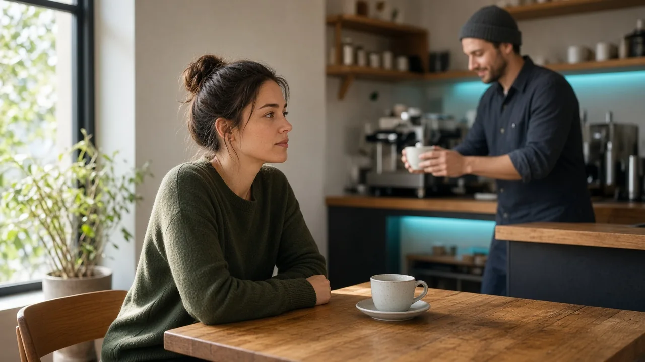 Cafe guest seated at a table with coffee served, barista working in the background